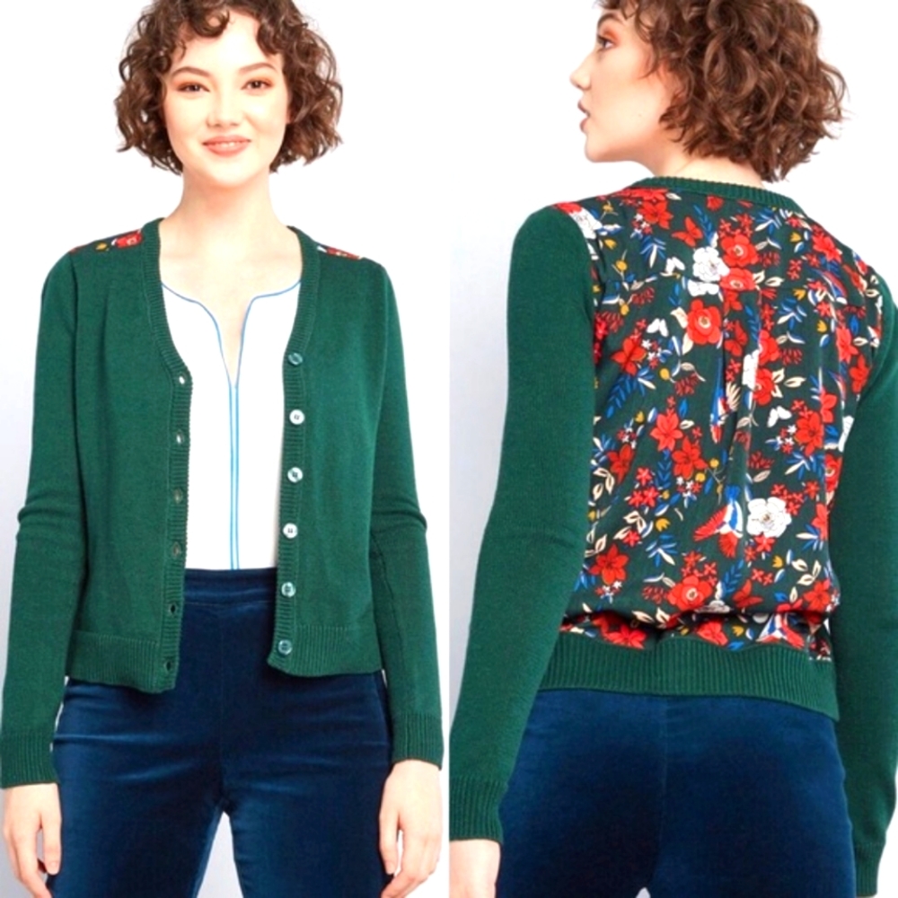 ModCloth Green Knit Cardigan Floral Bird Print
